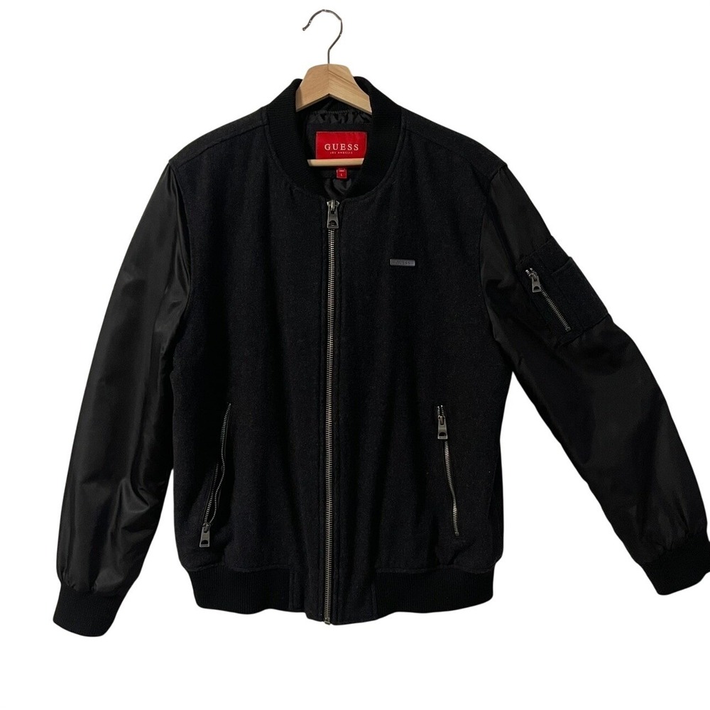 Guess Mens Mixed Media Bomber Jacket Black Wool Blend Full Zip L